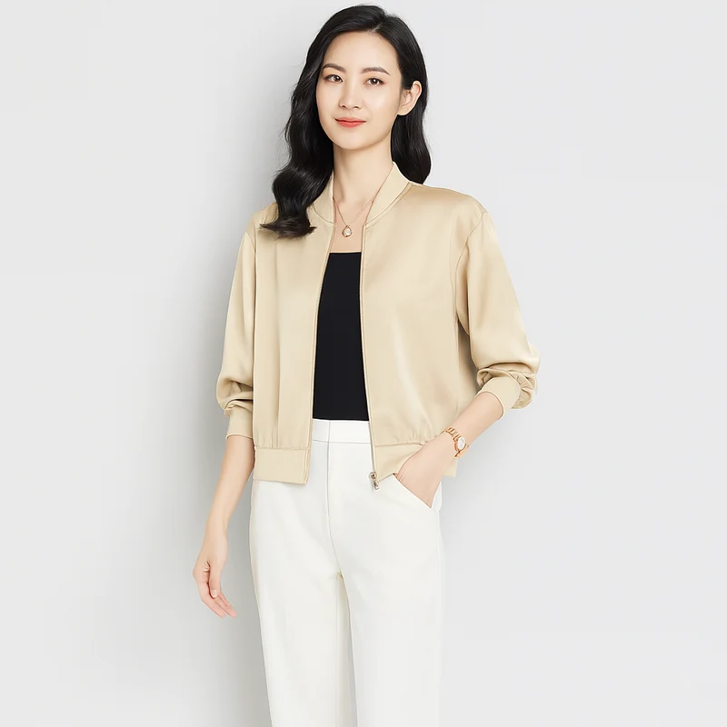 Fliegerblouson aus Satin für Damen – lockere Passform, Reißverschluss, Allwetterstil