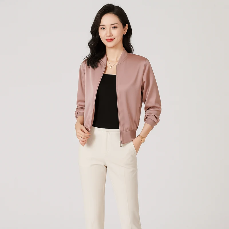 Fliegerblouson aus Satin für Damen – lockere Passform, Reißverschluss, Allwetterstil