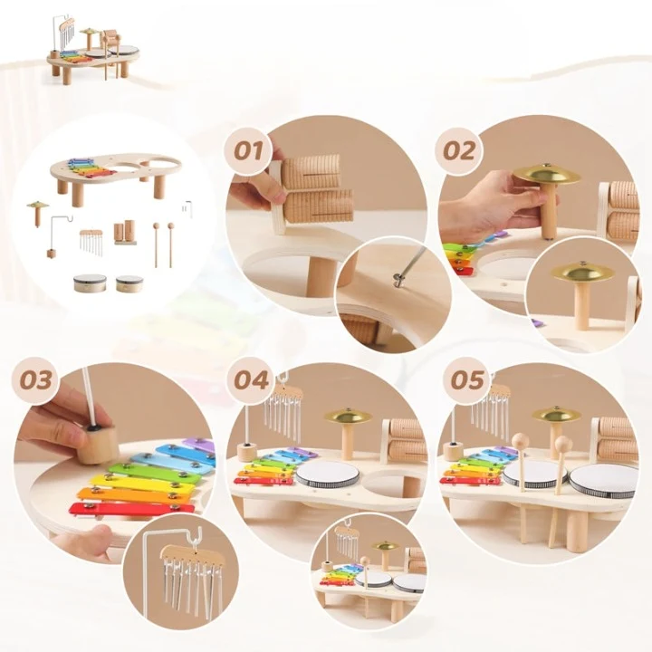MelodyPlay Holzmusikspielzeug – All-in-One Pädagogisches Instrument für Kleinkinder mit Trommeln, Xylophon & Glocken