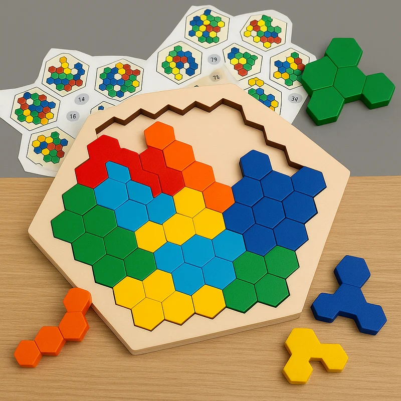 HexaFun 3D sechskantiges Holzpuzzlespiel – Pädagogisches STEM-Spielzeug für Kinder