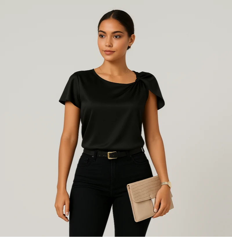 Lena – Moderne, elegante Schulterbluse mit Knoten-Details