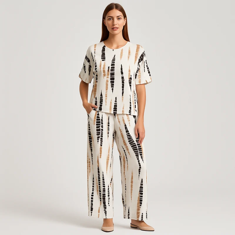 Elise Casual Zweiteiliges Set – Top mit Rundhalsausschnitt und Hose mit weitem Bein für einen mühelosen Stil