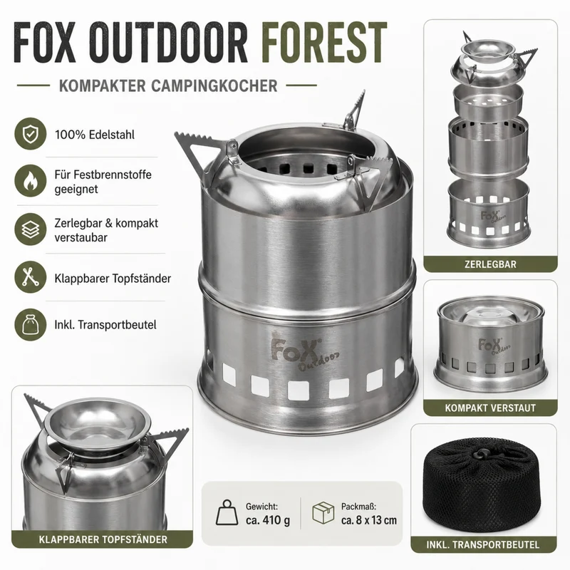 Fox®Outdoor Edelstahl Outdoor-Ofen FOREST Kocher