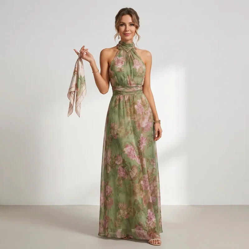 Langes Neckholder Sommerkleid aus Chiffon mit Blumenprint