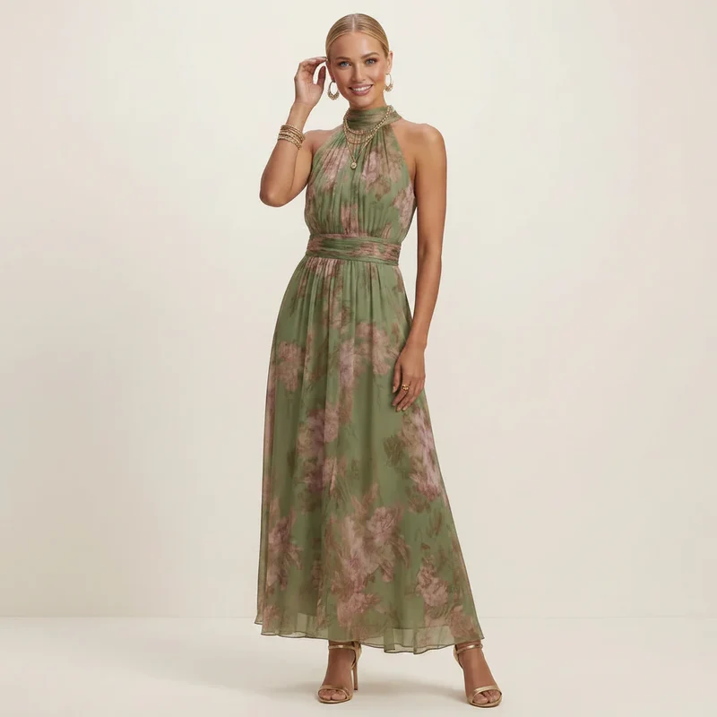 Langes Neckholder Sommerkleid aus Chiffon mit Blumenprint