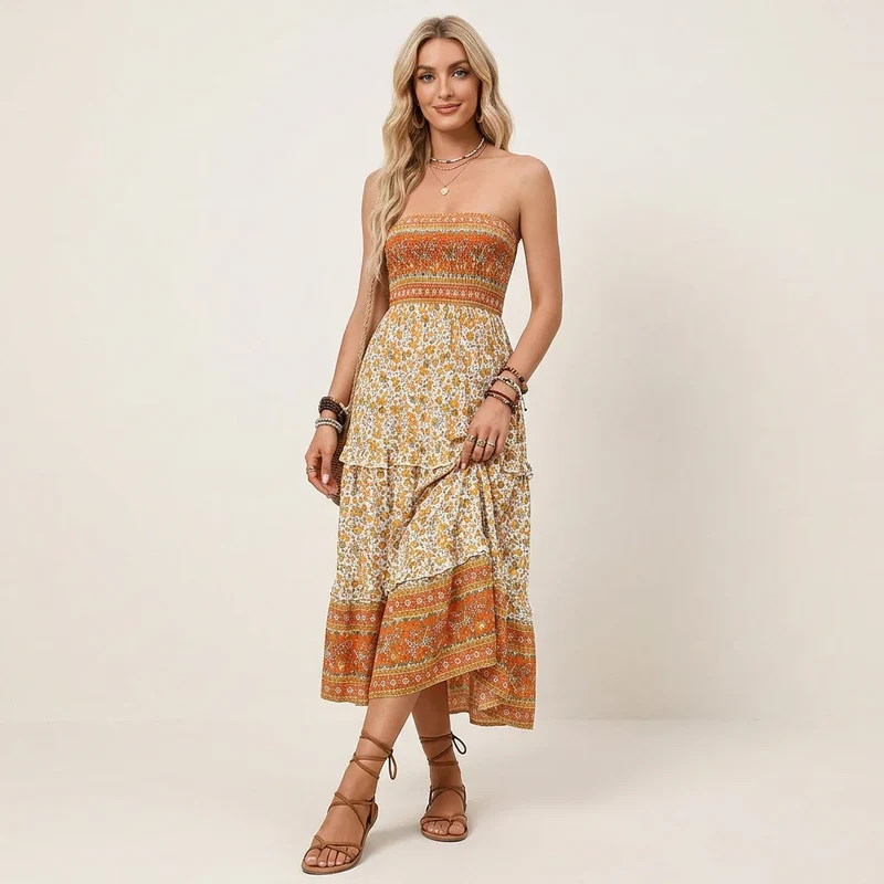 Bandeau Kleid für Damen mit gesmoktem Oberteil in Blumenprint für den Sommer