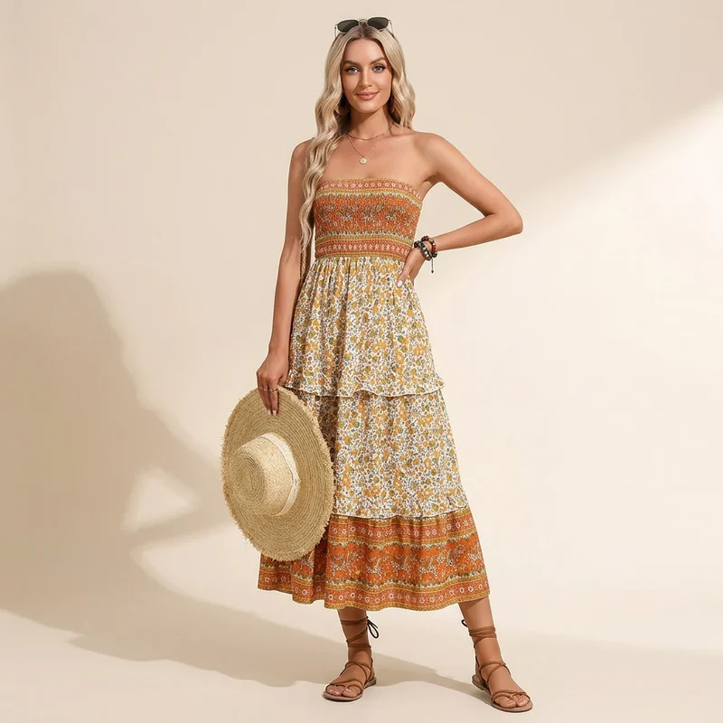 Bandeau Kleid für Damen mit gesmoktem Oberteil in Blumenprint für den Sommer