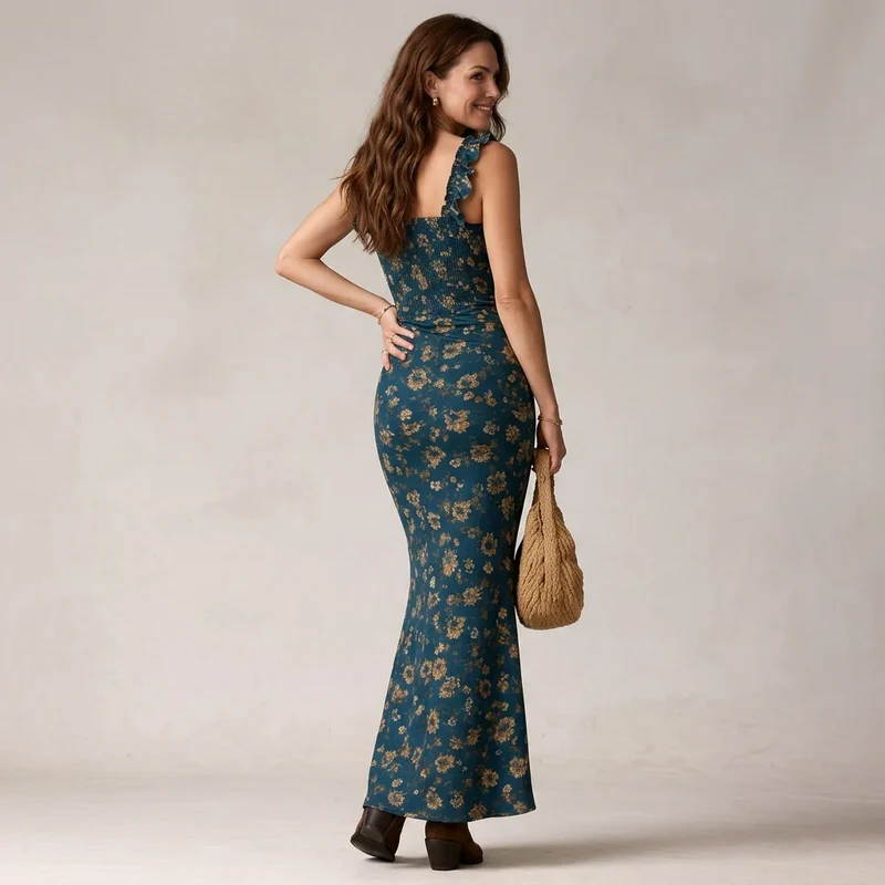 Maxi Sommerkleid mit Rüschen und Blumenprint im Vintage Stil