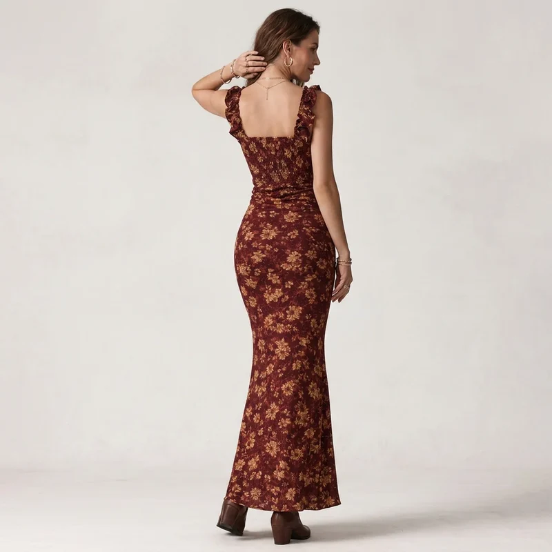 Maxi Sommerkleid mit Rüschen und Blumenprint im Vintage Stil