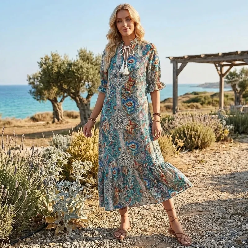 Langes Boho Sommerkleid mit Paisley Muster und Halbarm