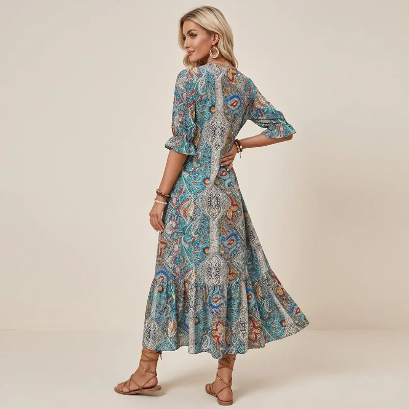 Langes Boho Sommerkleid mit Paisley Muster und Halbarm