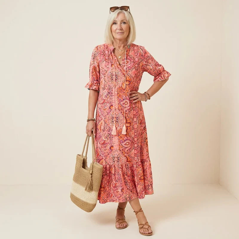 Langes Boho Sommerkleid mit Paisley Muster und Halbarm