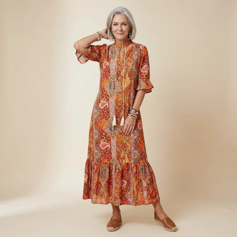 Langes Boho Sommerkleid mit Paisley Muster und Halbarm