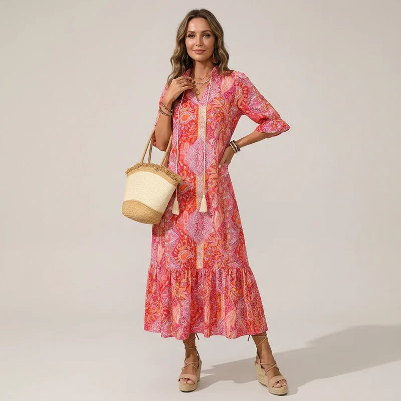 Langes Boho Sommerkleid mit Paisley Muster und Halbarm