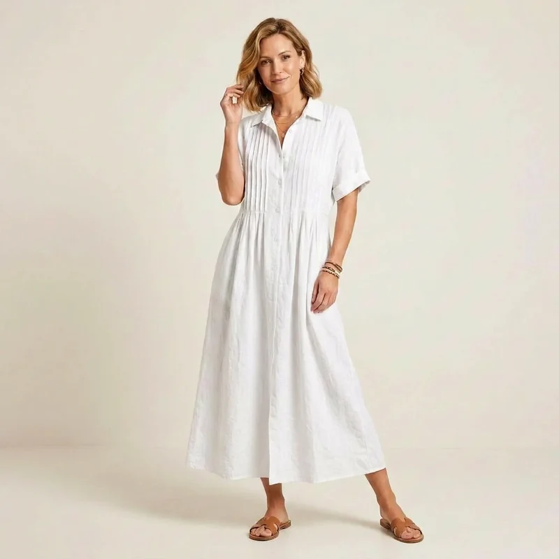 Kurzarm Hemdblusenkleid in wadenlanger Form mit Knopfleiste