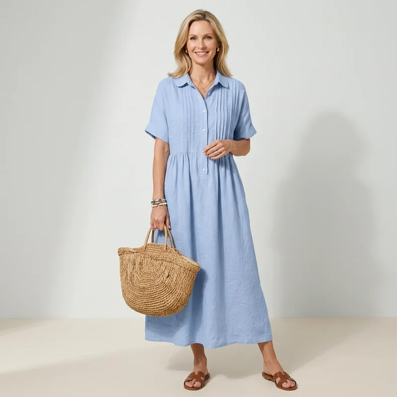 Kurzarm Hemdblusenkleid in wadenlanger Form mit Knopfleiste