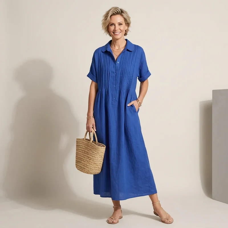 Kurzarm Hemdblusenkleid in wadenlanger Form mit Knopfleiste
