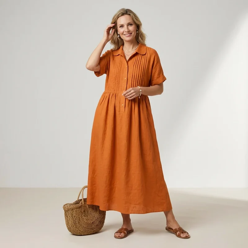 Kurzarm Hemdblusenkleid in wadenlanger Form mit Knopfleiste
