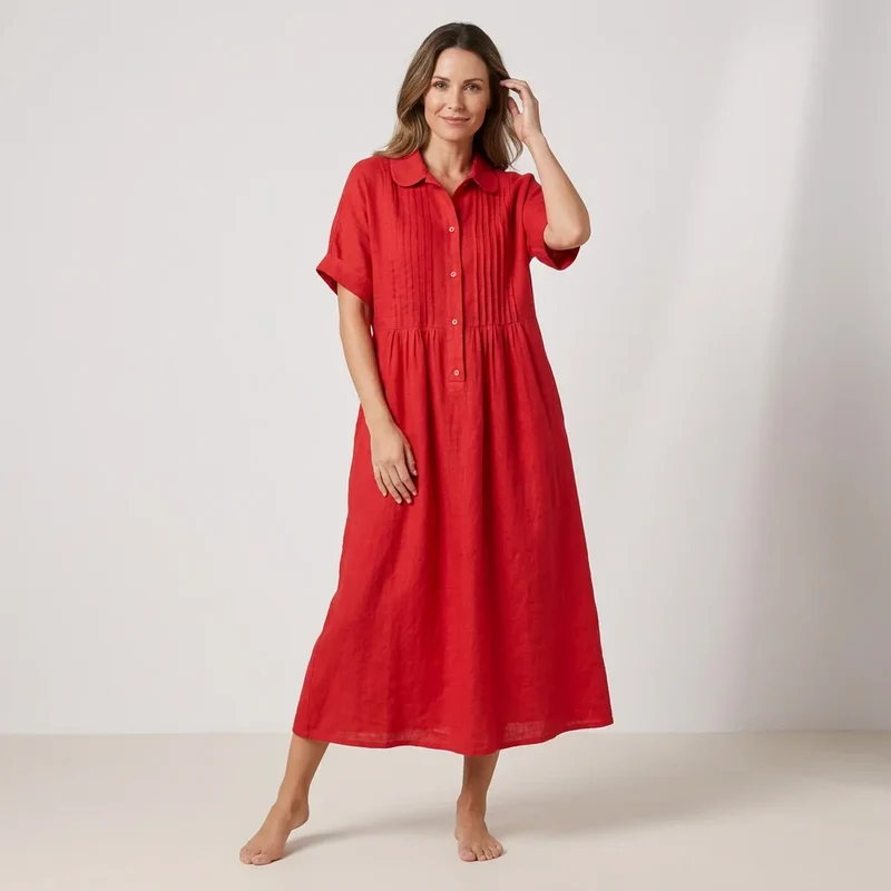 Kurzarm Hemdblusenkleid in wadenlanger Form mit Knopfleiste