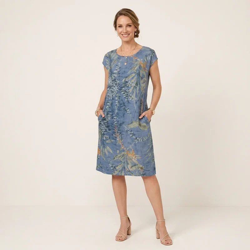 Knielanges Sommerkleid in A-Linie mit Taschen und ärmellosem Schnitt