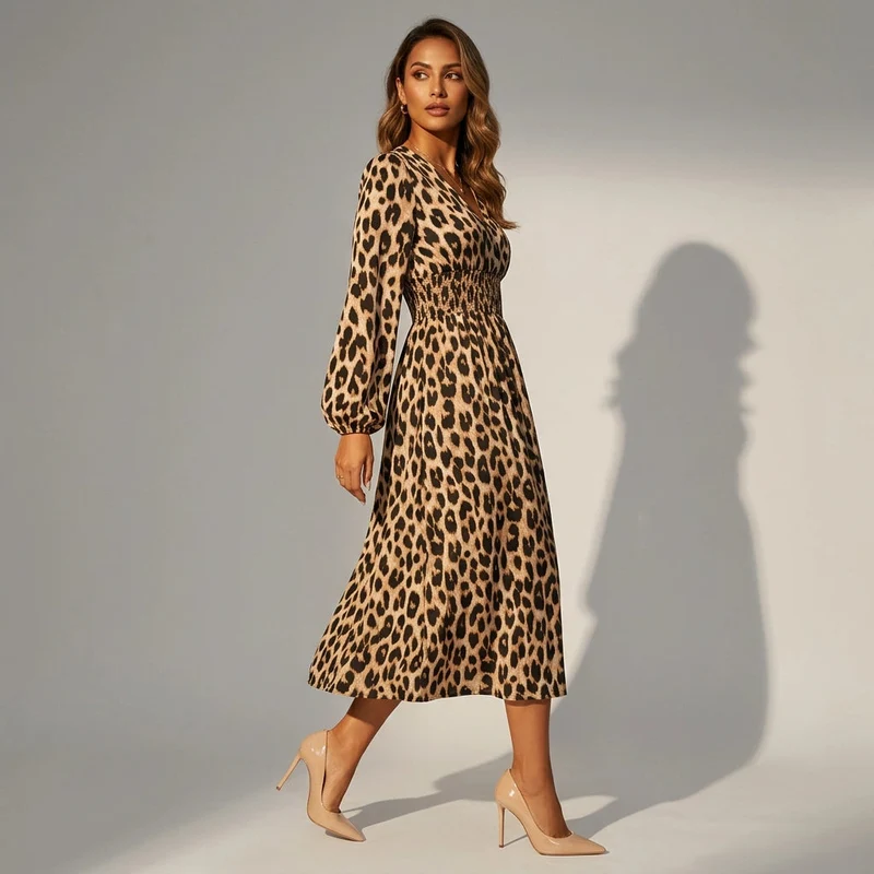 Sommerkleid mit Langarm in Midi Länge mit Leo Print