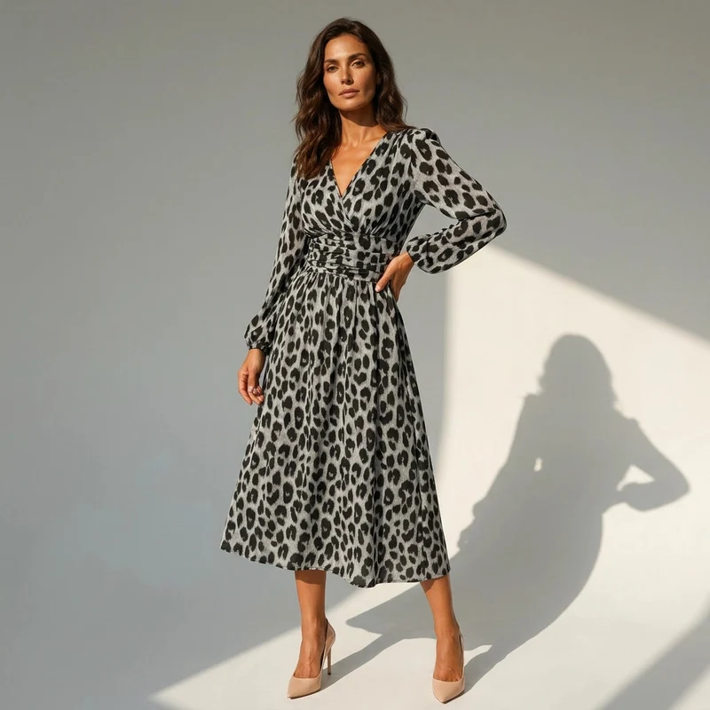 Sommerkleid mit Langarm in Midi Länge mit Leo Print