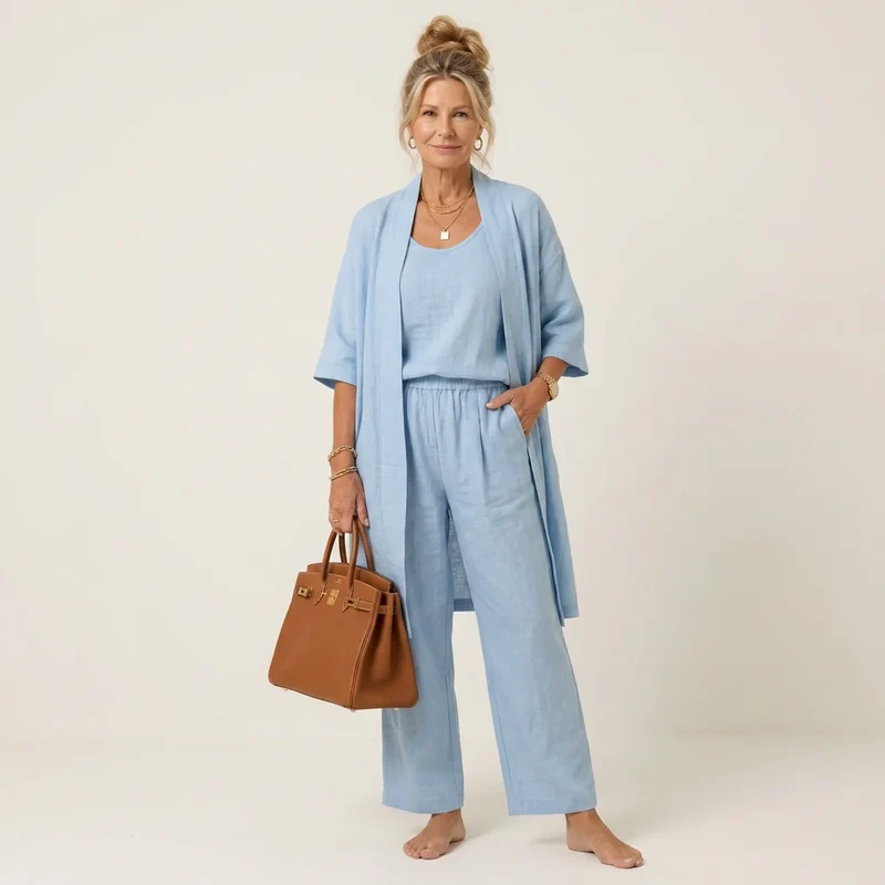 Largarm Sommer Set für Damen aus Leinen im lässigen Stil