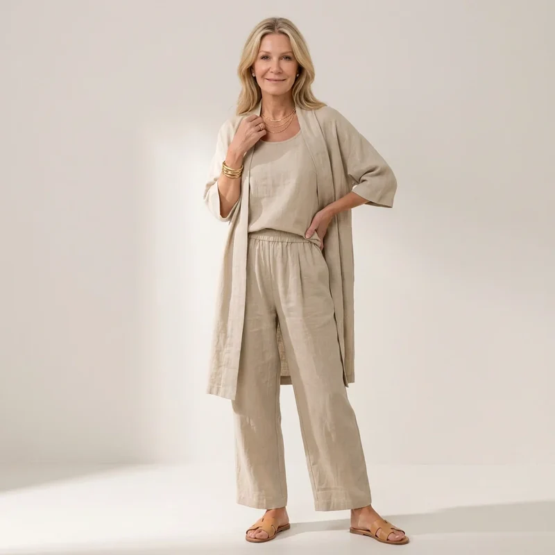 Largarm Sommer Set für Damen aus Leinen im lässigen Stil