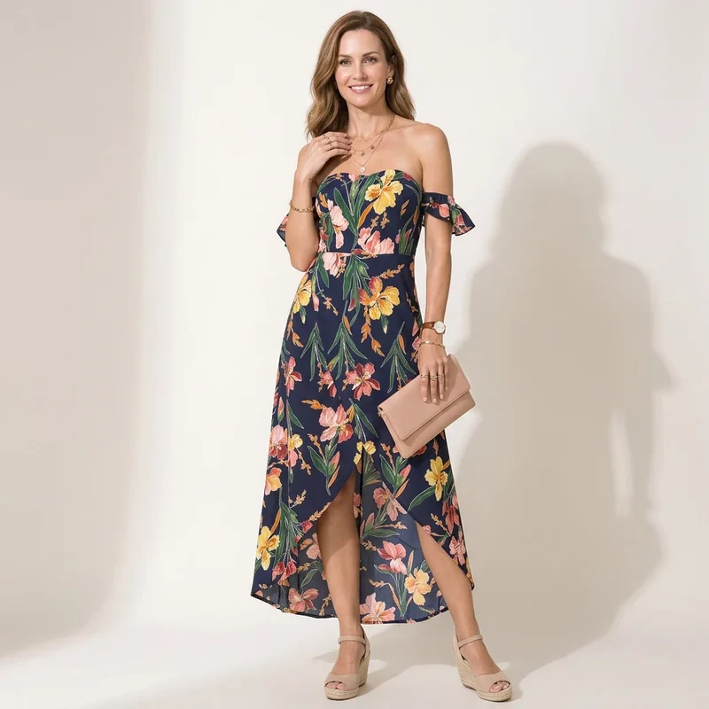Maxikleid für Damen im Off Shoulder Stil mit Schlitz in Blumenprint