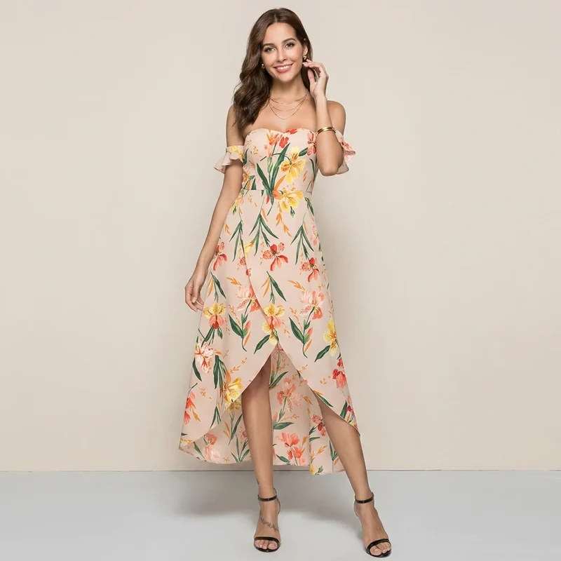 Maxikleid für Damen im Off Shoulder Stil mit Schlitz in Blumenprint