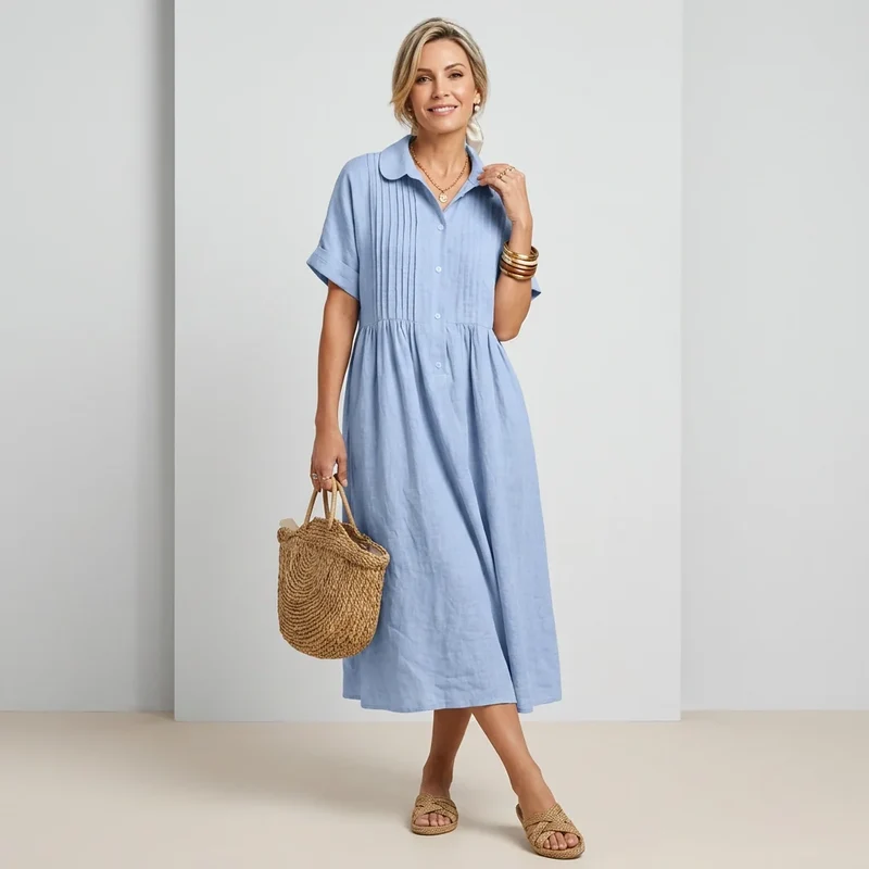 Sommerkleid im weiten Hemdblusen Stil mit Kurzarm und Knöpfen