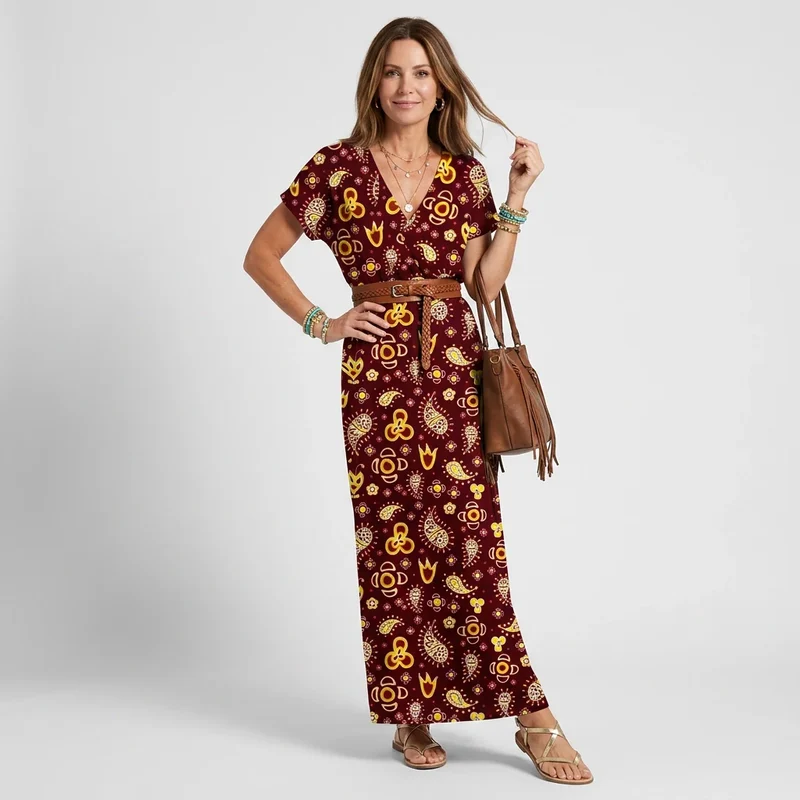 Tailliertes Maxikleid für den Sommer mit Kurzarm und V-Ausschnitt in Blumenprint