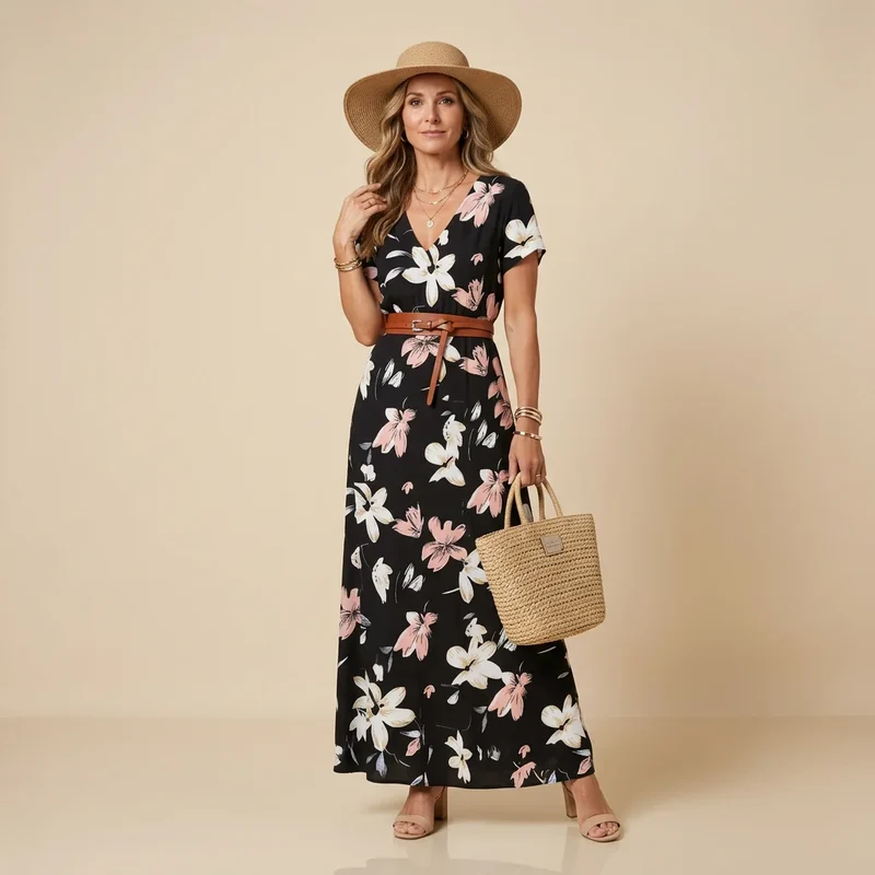 Tailliertes Maxikleid für den Sommer mit Kurzarm und V-Ausschnitt in Blumenprint