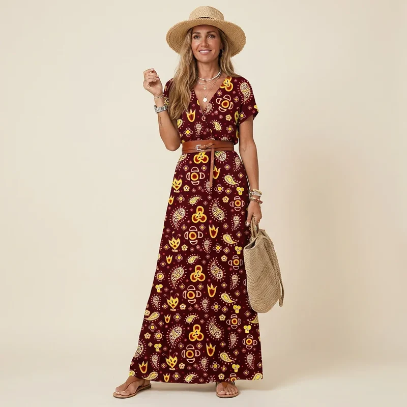 Tailliertes Maxikleid für den Sommer mit Kurzarm und V-Ausschnitt in Blumenprint
