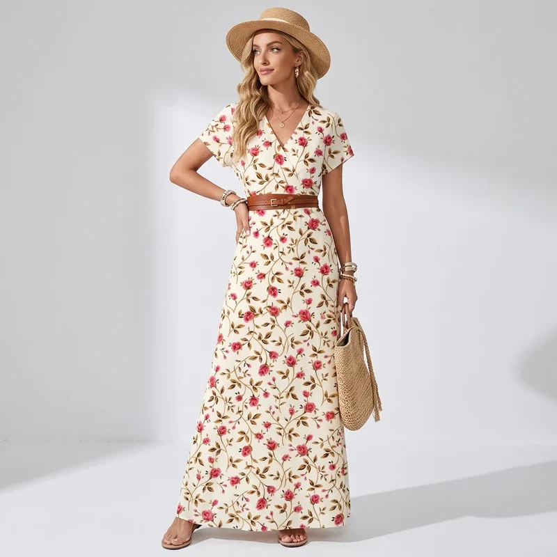 Tailliertes Maxikleid für den Sommer mit Kurzarm und V-Ausschnitt in Blumenprint