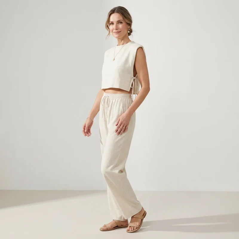 2-Teiler für Damen mit bauchfreiem Crop Top und 7/8-Schlupfhose im lässigen Stil