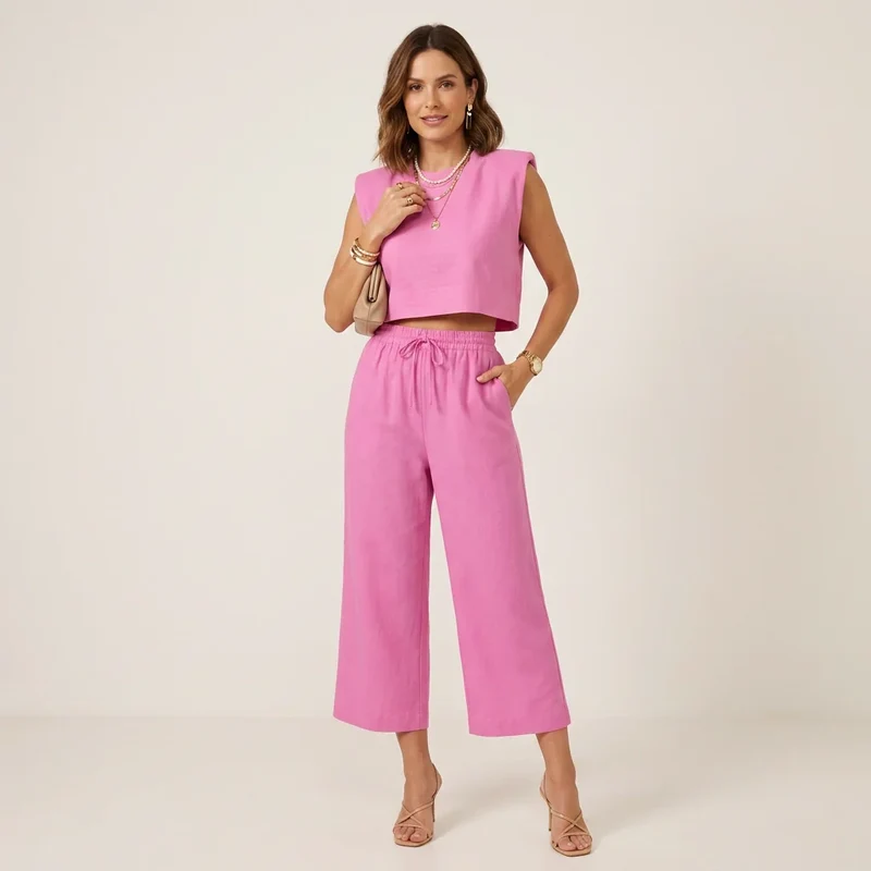 2-Teiler für Damen mit bauchfreiem Crop Top und 7/8-Schlupfhose im lässigen Stil