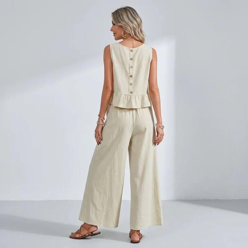Lässiger Damen Zweiteiler mit weiter Hose und ärmellosem Oberteil