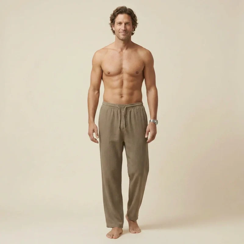 Lange Leinenhose für Herren mit weitem Bein und Kordelzug