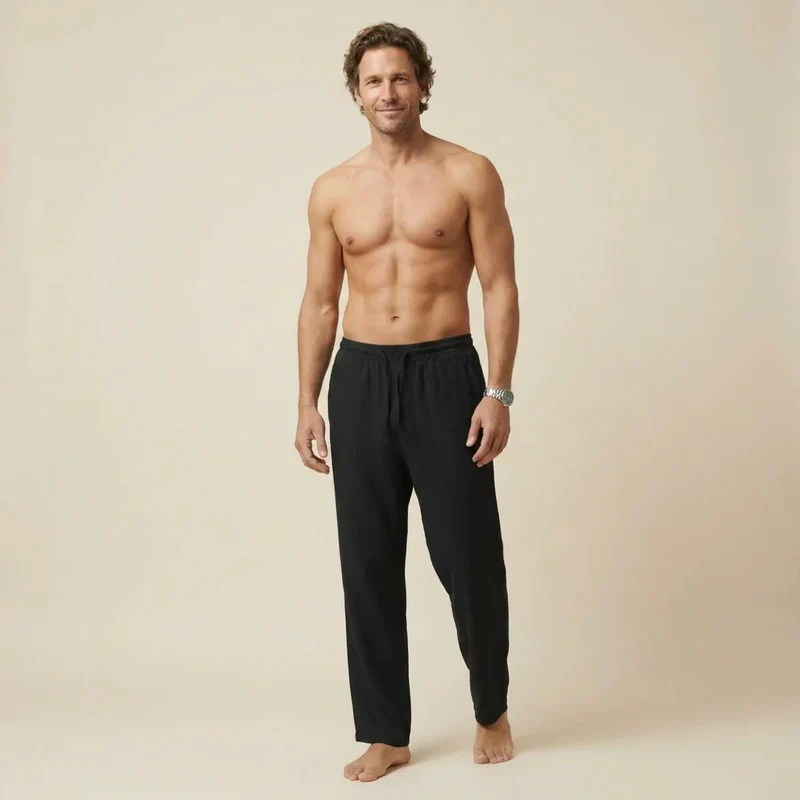 Lange Leinenhose für Herren mit weitem Bein und Kordelzug
