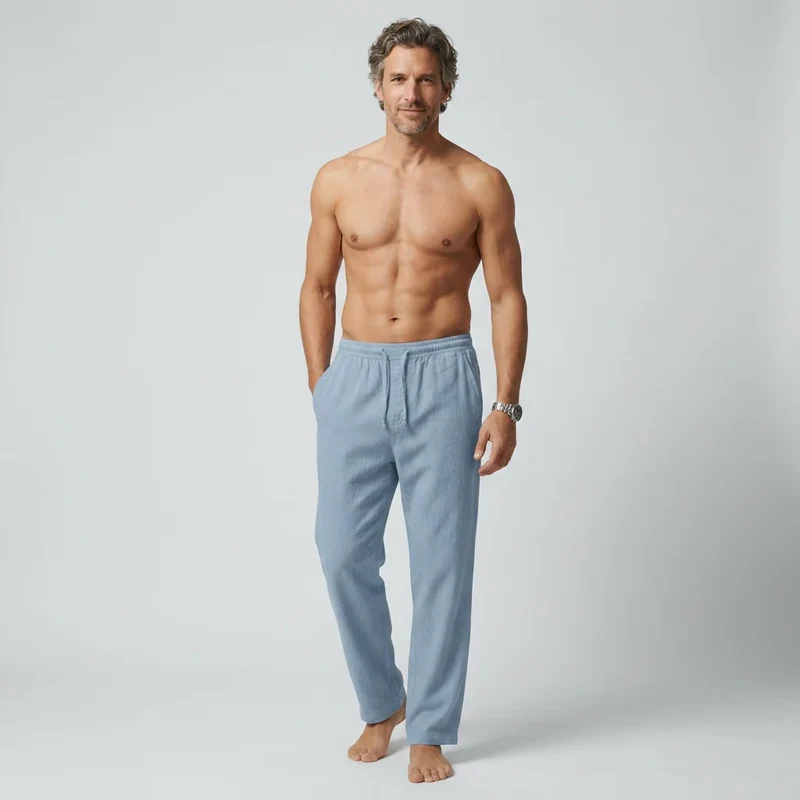 Lange Leinenhose für Herren mit weitem Bein und Kordelzug