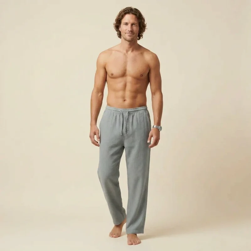 Lange Leinenhose für Herren mit weitem Bein und Kordelzug