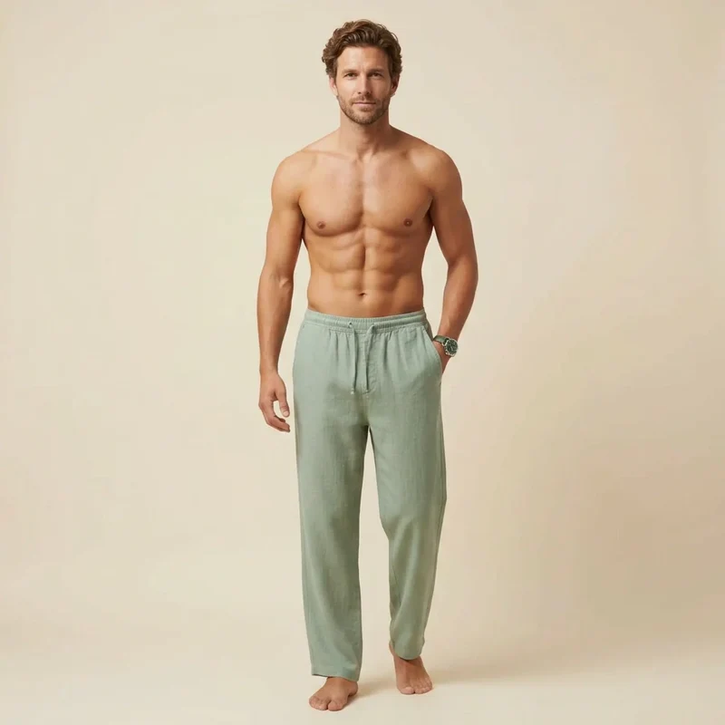 Lange Leinenhose für Herren mit weitem Bein und Kordelzug