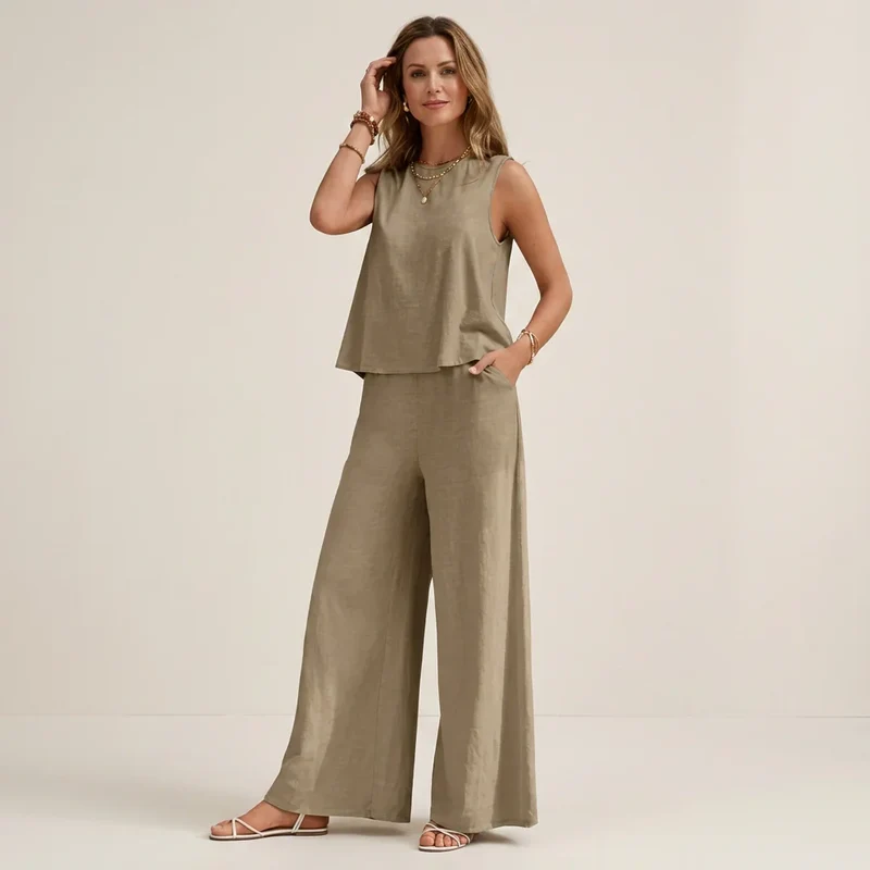Zweiteiler für Damen aus Leinen mit weiter Hose und ärmellosem Top