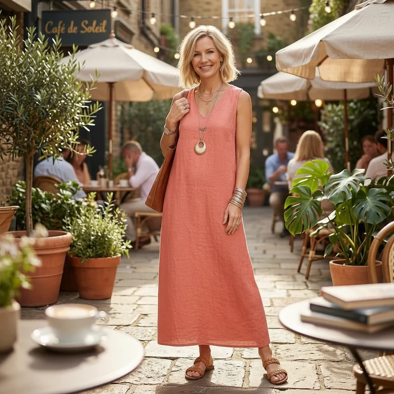 Sommerkleid aus Leinen in Maxi Länge und ärmellosem Hängerchen Schnitt