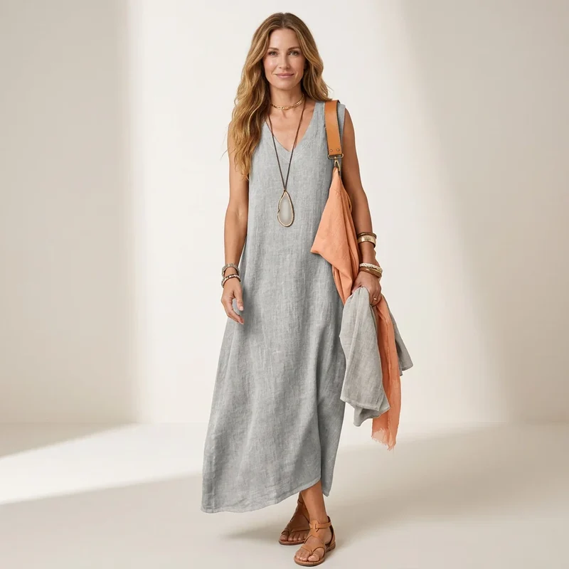 Sommerkleid aus Leinen in Maxi Länge und ärmellosem Hängerchen Schnitt