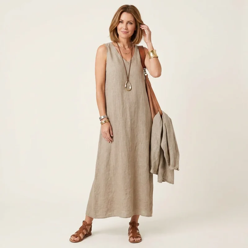 Sommerkleid aus Leinen in Maxi Länge und ärmellosem Hängerchen Schnitt