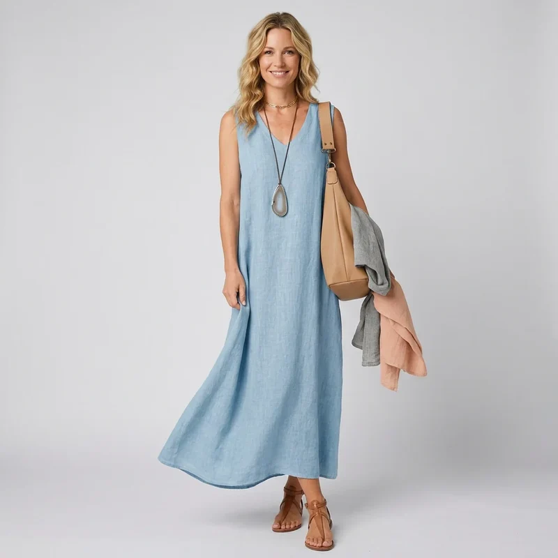 Sommerkleid aus Leinen in Maxi Länge und ärmellosem Hängerchen Schnitt