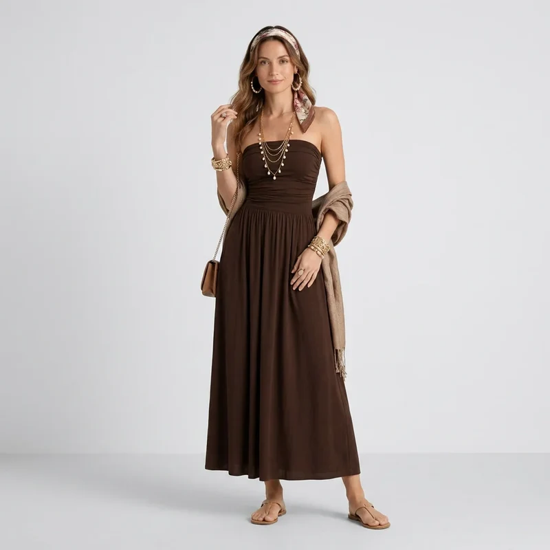 Bandeau Sommerkleid in Midi Länge mit einfarbigem Design