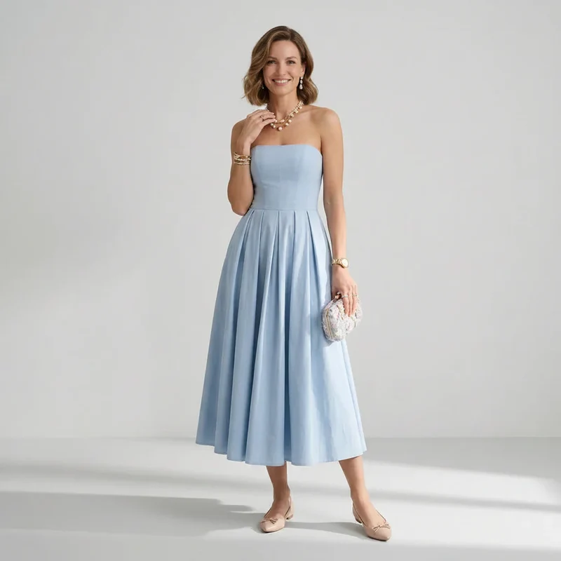 Bandeau Midi Kleid in A-Linie mit Faltenrock für festliche Anlässe